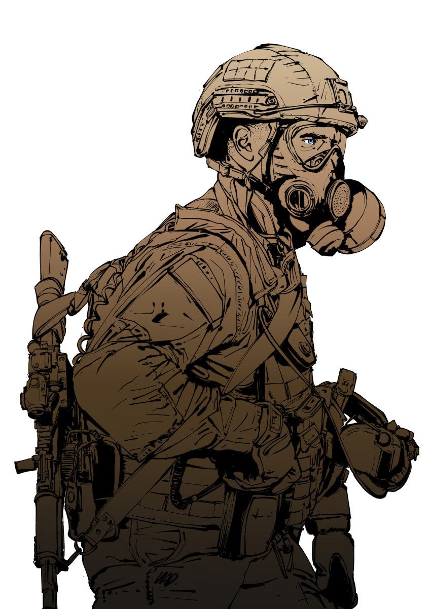 1boy, absurdres, ak-74, alatchenkov, army, assault_rifle, belt, blue_eyes, commentary, gas_mask, gloves, gun, helmet, highres, long_sleeves, looking_to_the_side, male_focus, military, military_uniform, original, pocket, rifle, russia, scope, simple_background, soldier, solo, uniform, upper_body, weapon, weapon_on_back, white_background