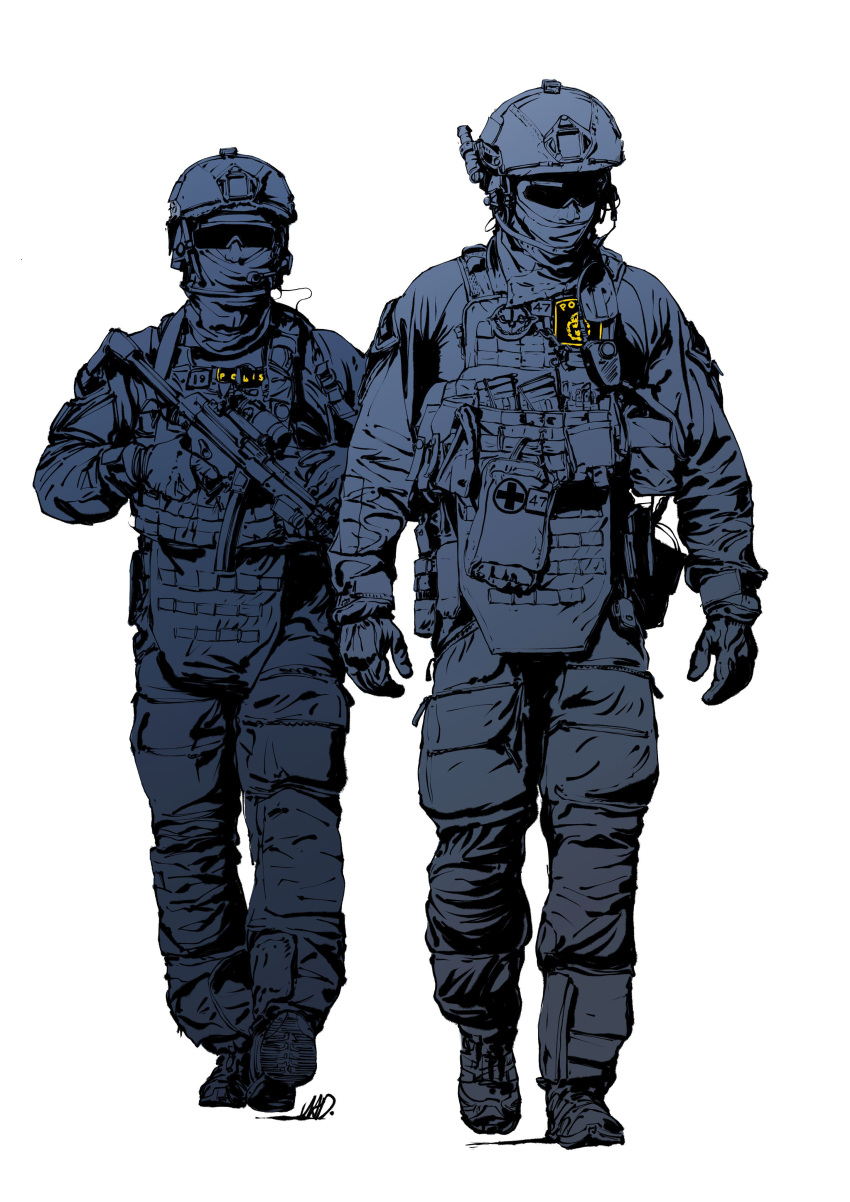 2boys, absurdres, alatchenkov, boots, bulletproof_vest, commentary, covered_mouth, cross, finger_on_trigger, first_aid_kit, full_body, glasses, gloves, gun, h&amp;k_mp5, highres, holding, holding_gun, holding_weapon, long_sleeves, looking_at_viewer, male_focus, microphone, military, military_uniform, monochrome, multiple_boys, original, pants, pocket, police, scope, shell_casing, simple_background, spot_color, standing, submachine_gun, sunglasses, sweden, uniform, vest, walkie-talkie, weapon, white_background