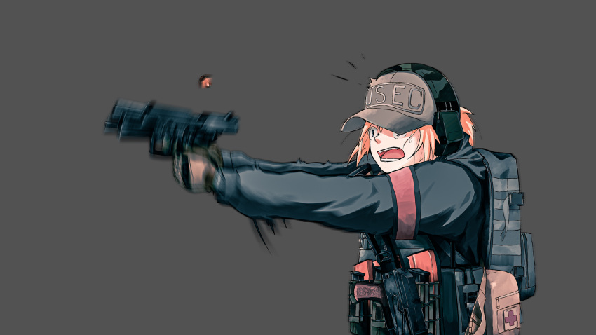 1girl, armband, backpack, bag, baseball_cap, blonde_hair, commentary, ear_protection