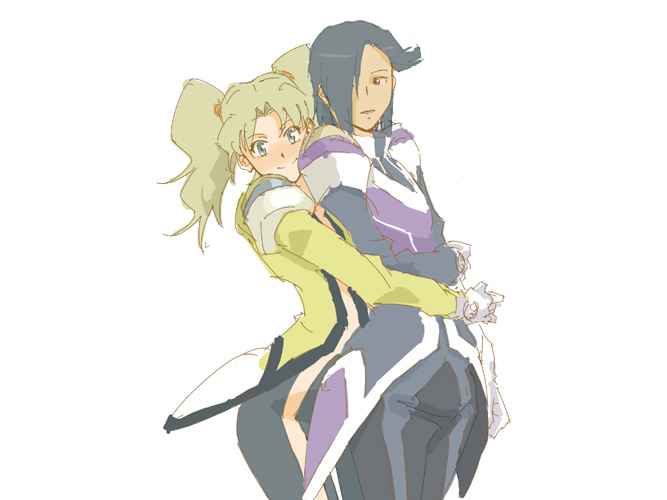 androgynous, blonde_hair, blue_eyes, blue_hair, blush, bodysuit, center_opening, godannar, hair_over_one_eye, hug, hug_from_behind, long_hair, luna, luna_(godannar), multiple_girls, no_bra, no_panties, oekaki, pilot_suit, red_eyes, reverse_trap, shadow, shadow_(godannar), shinkon_gattai_godannar!!, short_hair, simple_background, smile, standing, twintails, uniform