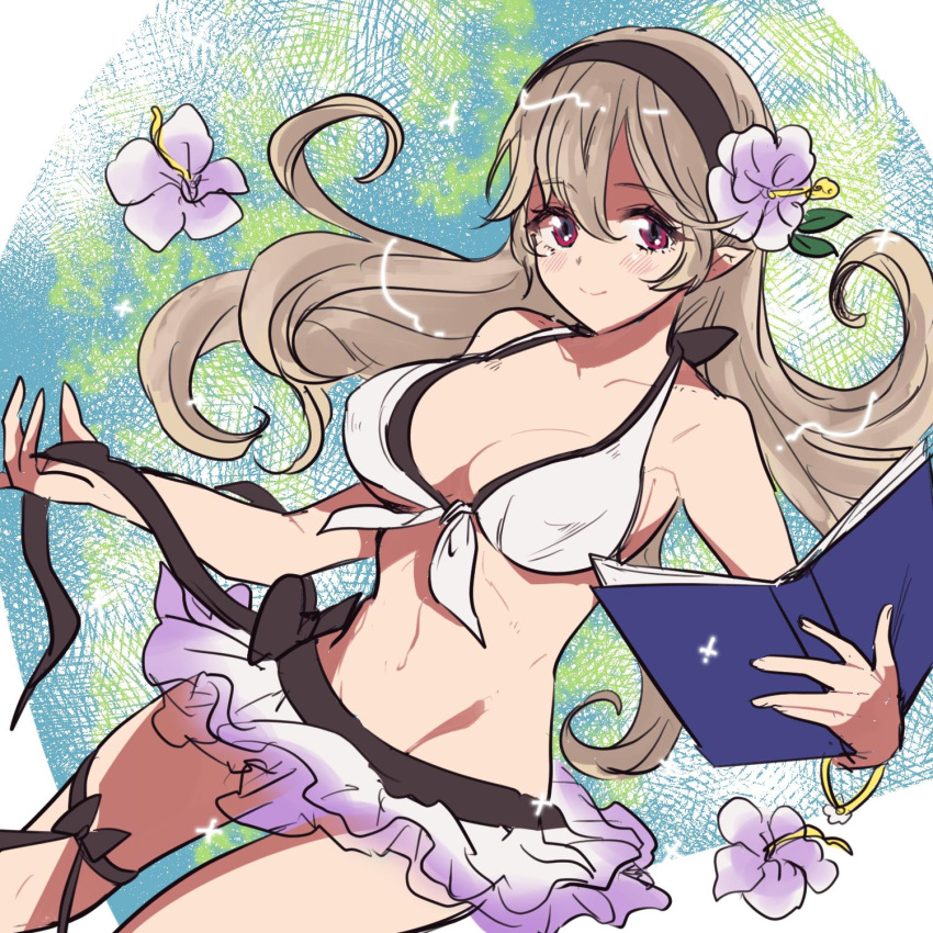 1girl, bikini, bikini_skirt, book, breasts, closed_mouth, cute, dragon_girl, elf, female_my_unit_(fire_emblem_if), fire_emblem, fire_emblem_heroes, fire_emblem_if, flower, hair_flower, hair_ornament, hairband, highres, holding, holding_book, intelligent_systems, kamui_(fire_emblem), large_breasts, long_hair, moe, my_unit_(fire_emblem_if), navel, nintendo, open_book, pointy_ears, red_eyes, smile, solo, sou_mei, super_smash_bros., swimsuit, thigh_strap, white_hair