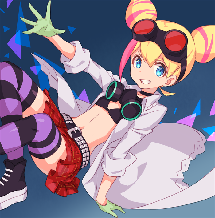 1girl, ame8desu, bikini_top, blonde_hair, crossed_legs, double_bun, flat_chest, gloves, goggles, labcoat, lucia_fex, multicolored_hair, promare, sharp_teeth, striped, striped_legwear, teeth, two-tone_hair