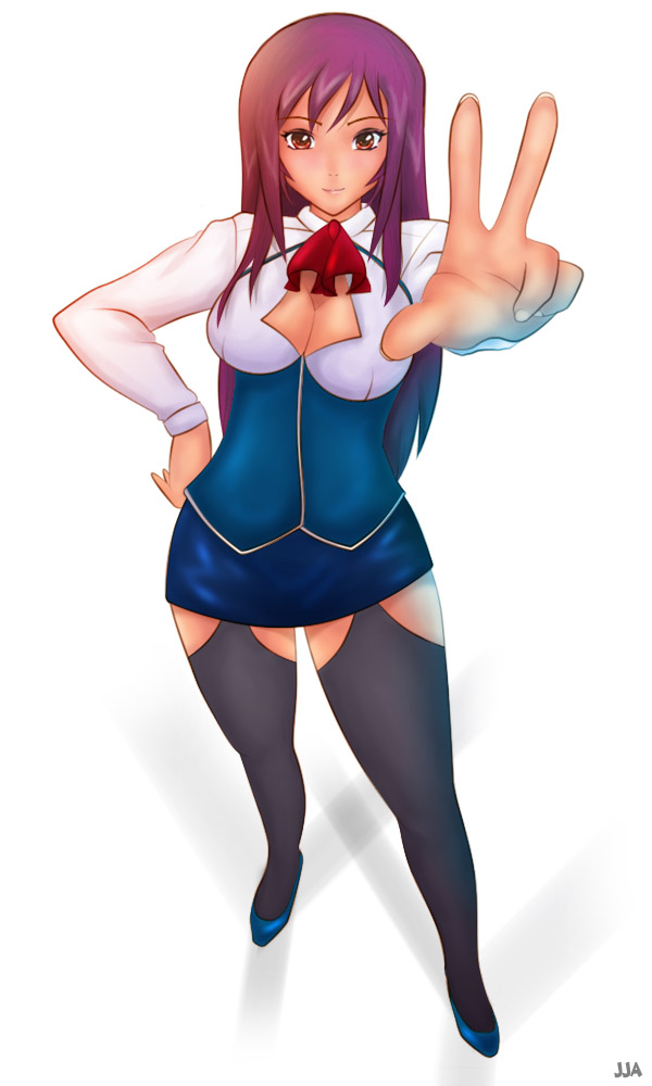 breasts, cleavage, cleavage_cutout, hand_on_hip, high_heels, ichikawa_aki, khalitzburg, legs, long_hair, miniskirt, purple_hair, red_eyes, shin_bible_black, shoes, skirt, smile, solo, thigh-highs, thighhighs, thighs, v