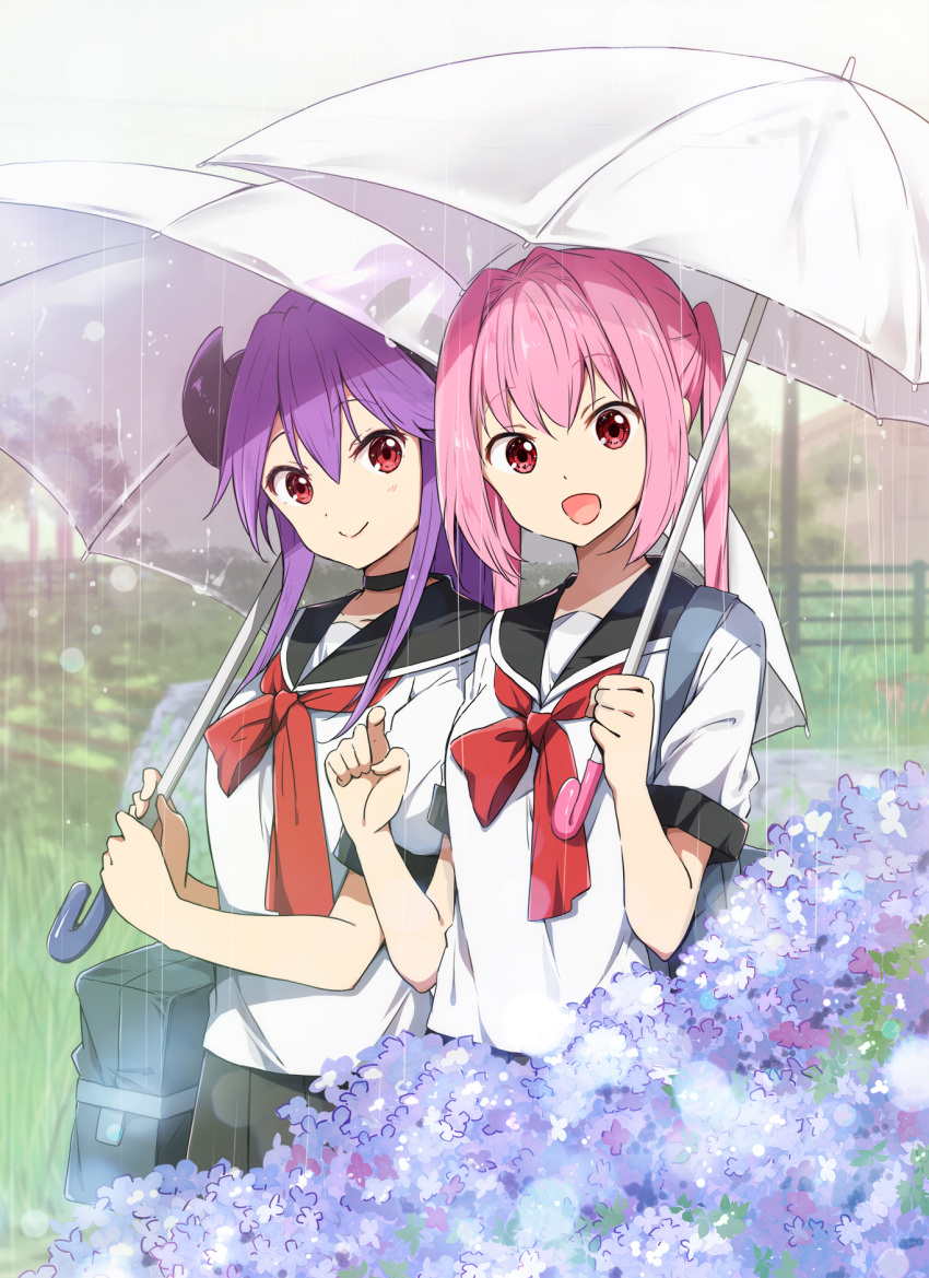 2girls, :d, bag, bangs, black_choker, black_sailor_collar, black_skirt, blue_flower