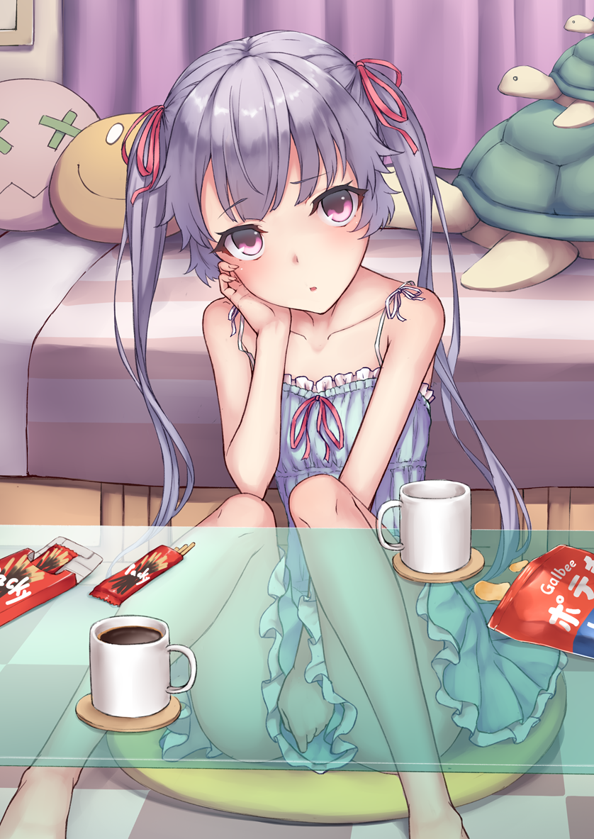 1girl, :o, bag_of_chips, bangs, bare_arms, bare_shoulders, barefoot, bed