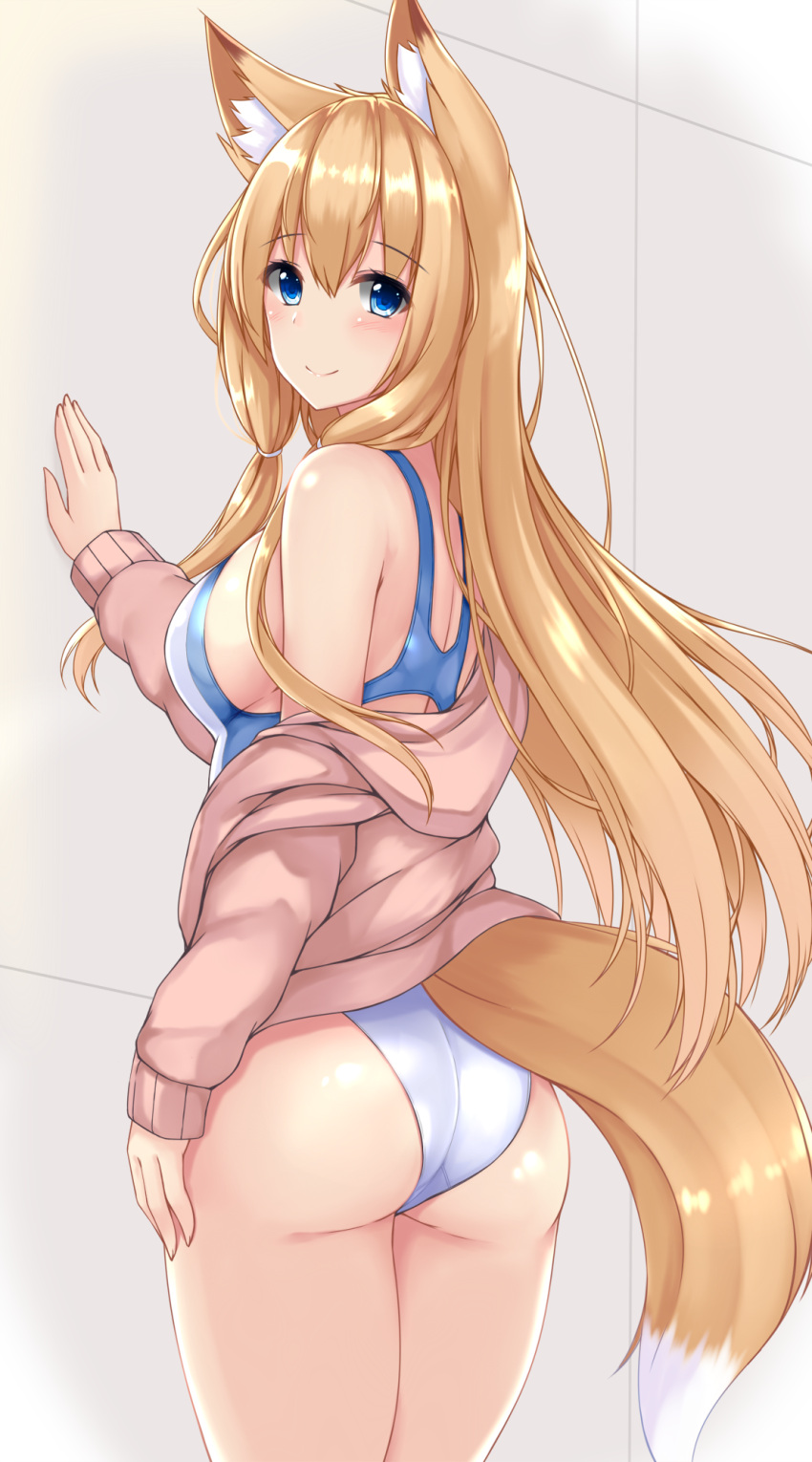 1girl, animal_ear_fluff, animal_ears, ass, bare_shoulders, blonde_hair, blue_eyes, blush