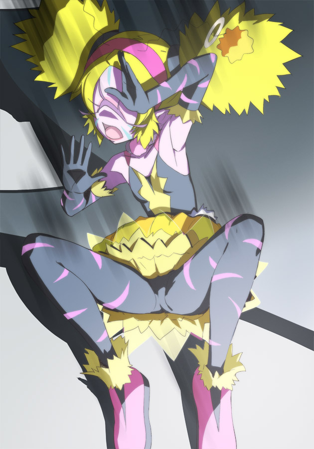 1girl, armpits, black_gloves, black_legwear, blonde_hair, closed_eyes, cyclops, elbow_gloves, eyewon_(precure), gloves, hairband, haruyama_kazunori, one-eyed, open_mouth, pantyhose, pink_footwear, pink_hairband, pink_skin, precure, short_hair, solo, star_twinkle_precure