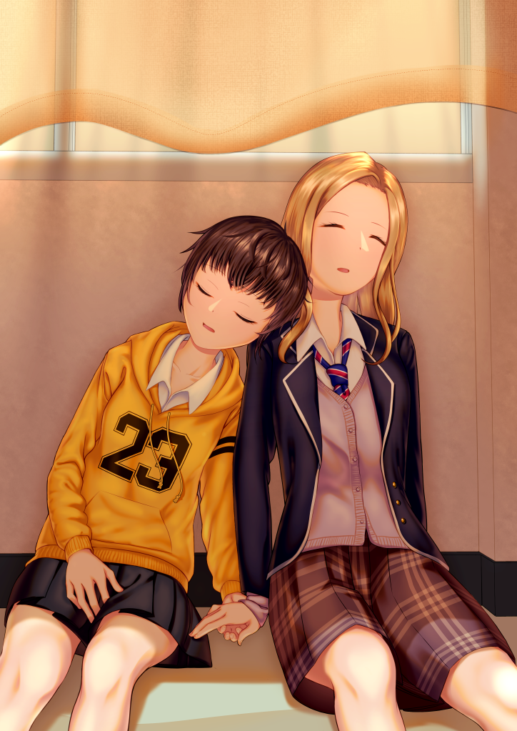 2girls, black_skirt, blazer, blonde_hair, brown_hair, closed_eyes, curtains, facing_viewer