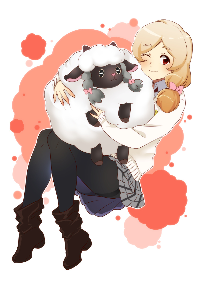 1girl, absurdres, black_legwear, blonde_hair, blush, highres, hug, matsuno_minoru