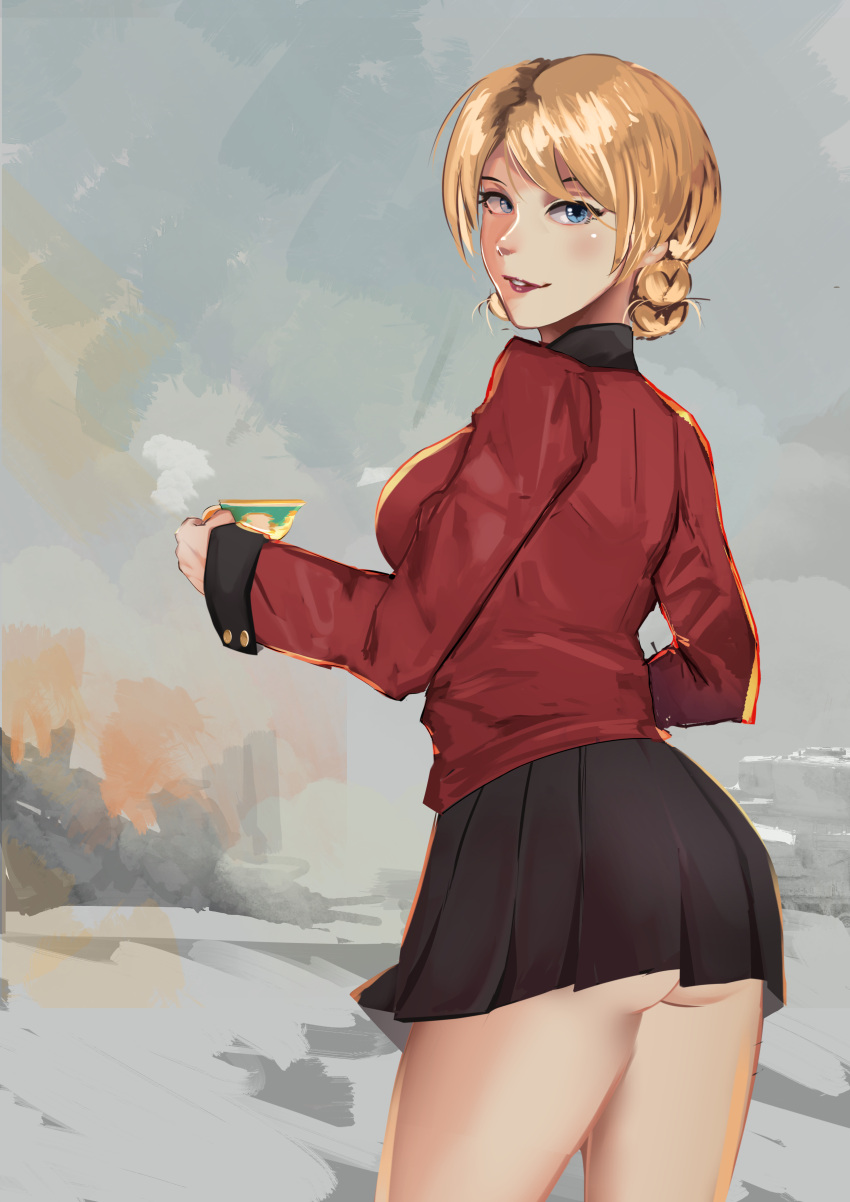 1girl, absurdres, ass, black_skirt, blue_eyes, blush, braid, cup