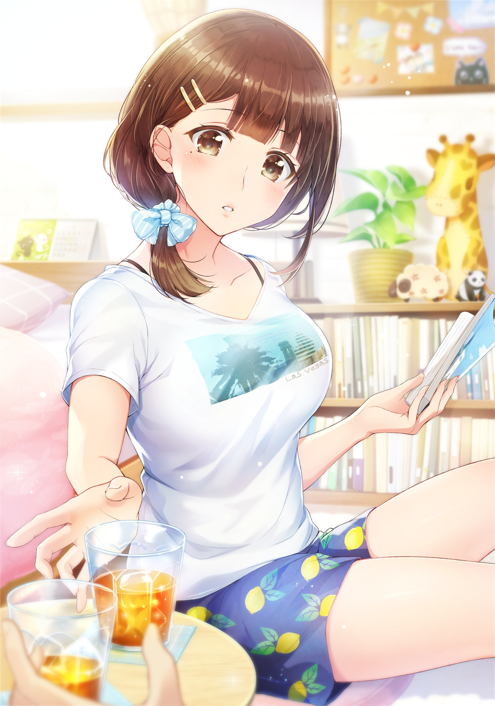 1girl, blue_bow, blue_shorts, blurry, blurry_background, blurry_foreground, blush, book