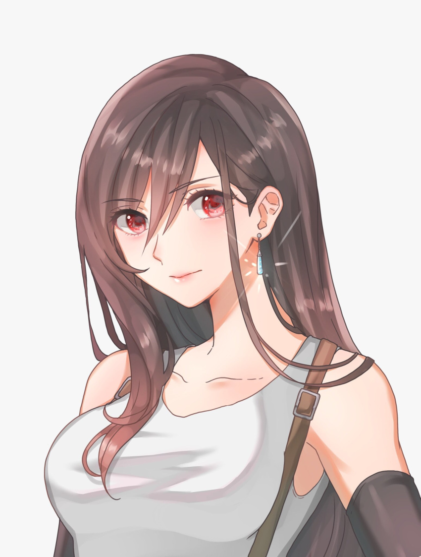 1girl, bangs, bare_shoulders, black_hair, breasts, closed_mouth, collarbone, earrings