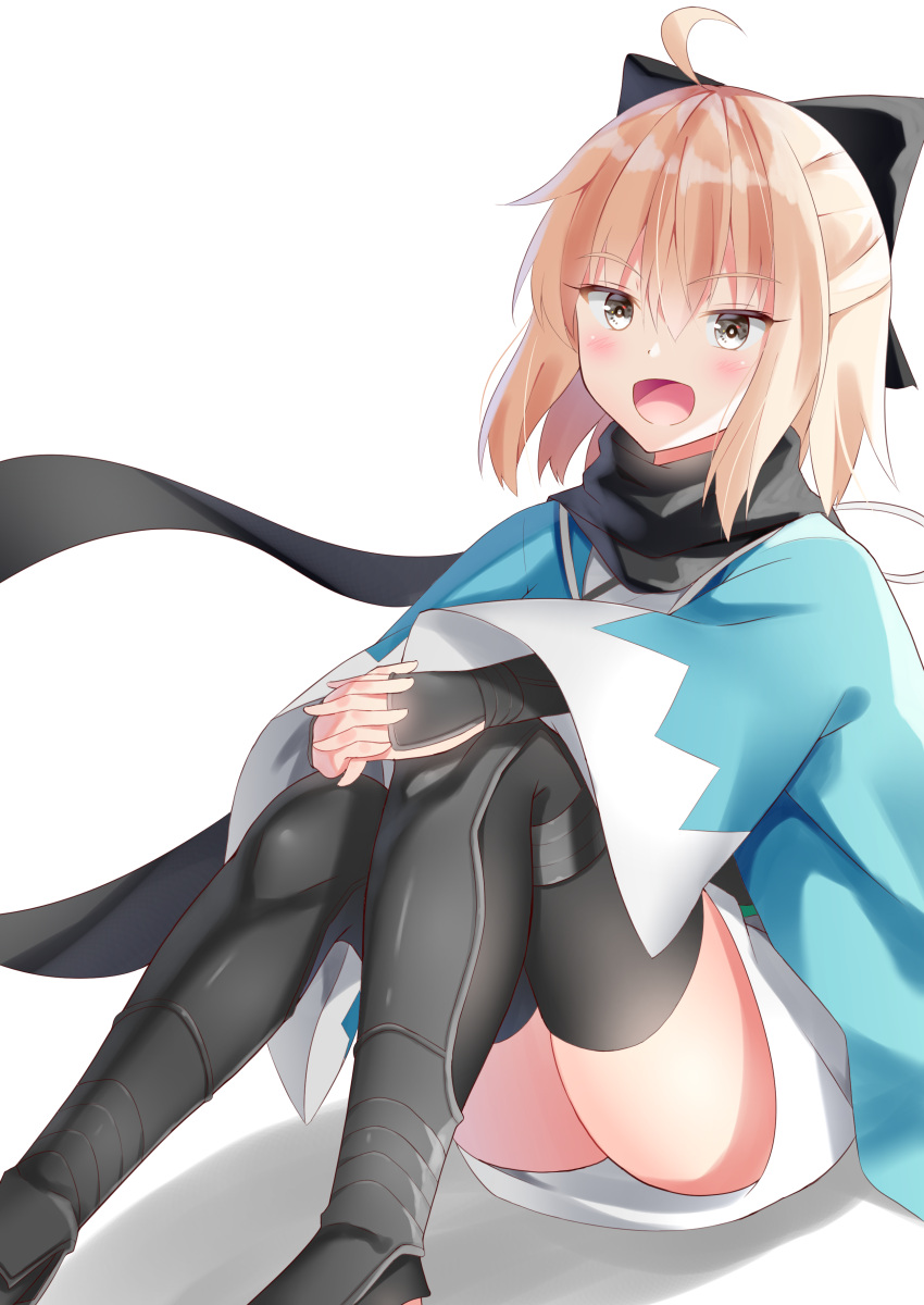 1girl, :d, absurdres, ahoge, black_bow, black_legwear, black_scarf, blonde_hair