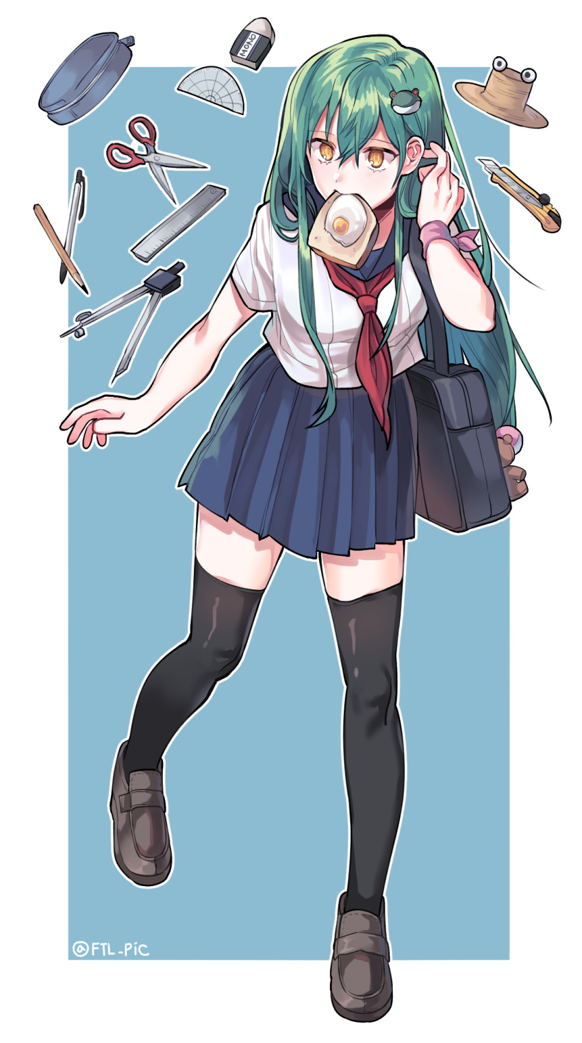 alternate_costume, bag, ball, black_legwear, blue_skirt, bread, breasts, brown_shoes, cutter, eating, egg, egg_yolk, eraser, f474le, frog_hair_ornament, green_hair, hand_on_hair, hat, kochiya_sanae, long_hair, miniskirt, neckerchief, pen, pencil, protractor, pyonta, red_neckerchief, ruler, sailor_uniform, school_compass, school_uniform, scissors, serafuku, shoes, skirt, sunny_side_up, teddy_bear_plushie, thigh-highs, touhou, yellow_eyes, zipper