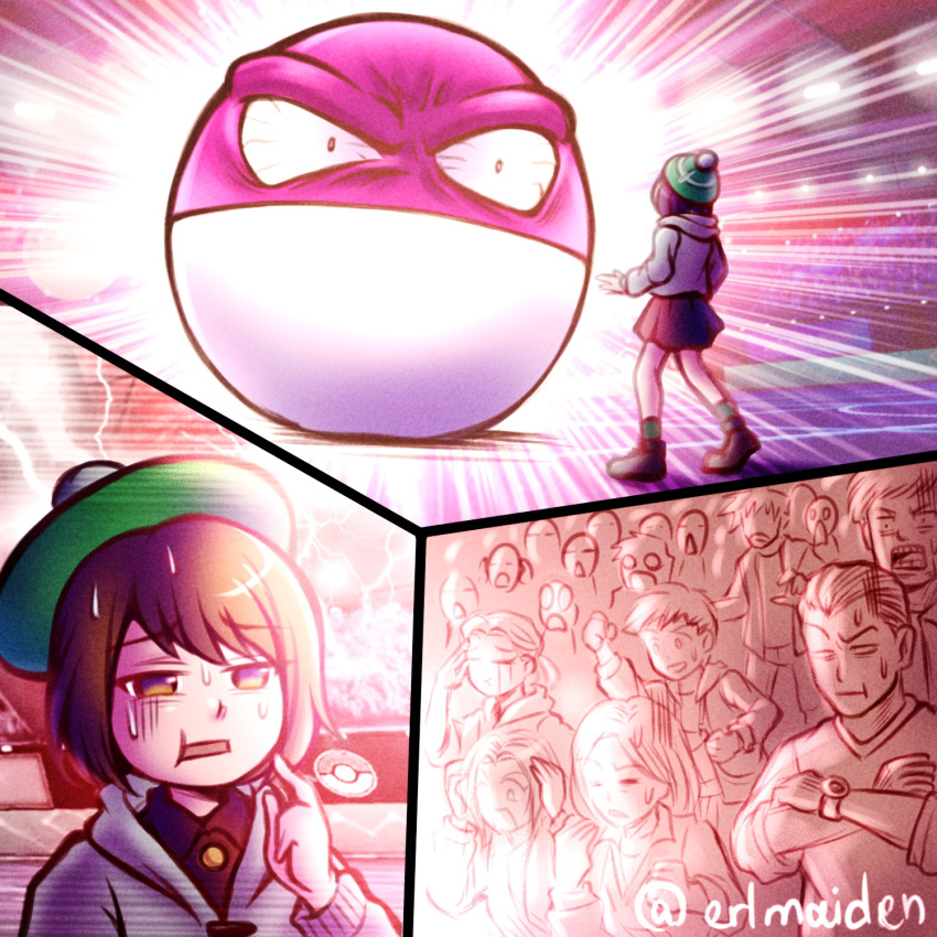 bangs, bloodshot_eyes, bob_cut, crossed_arms, crowd, crying, dynamax, female_protagonist_(pokemon_swsh)