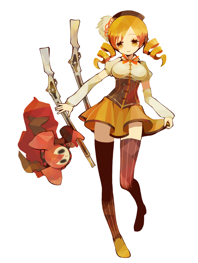 1girl, beret, black_headwear, black_legwear, blonde_hair, breasts, charlotte_(madoka_magica), corset