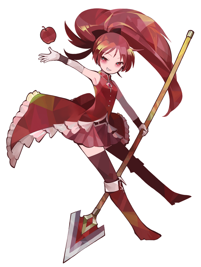 1girl, apple, aqua_eyes, armpits, bare_shoulders, black_legwear, black_ribbon, boots