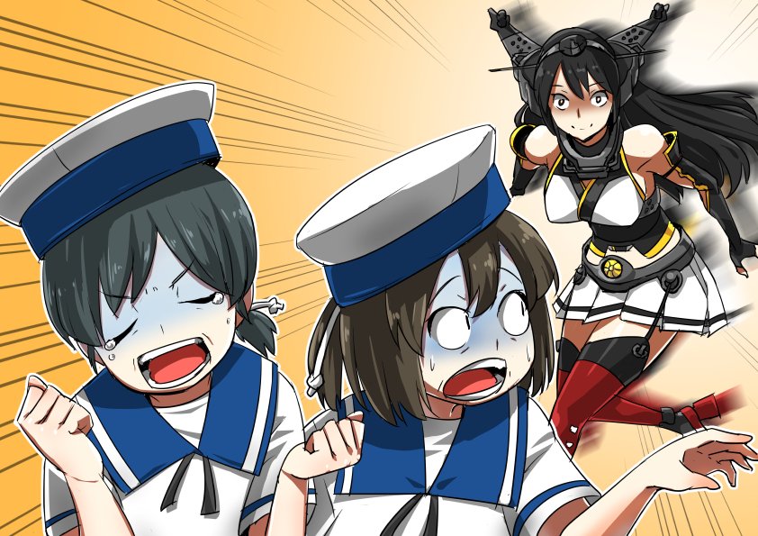3girls, bangs, black_gloves, black_hair, breasts, brown_hair, clenched_hands, closed_eyes