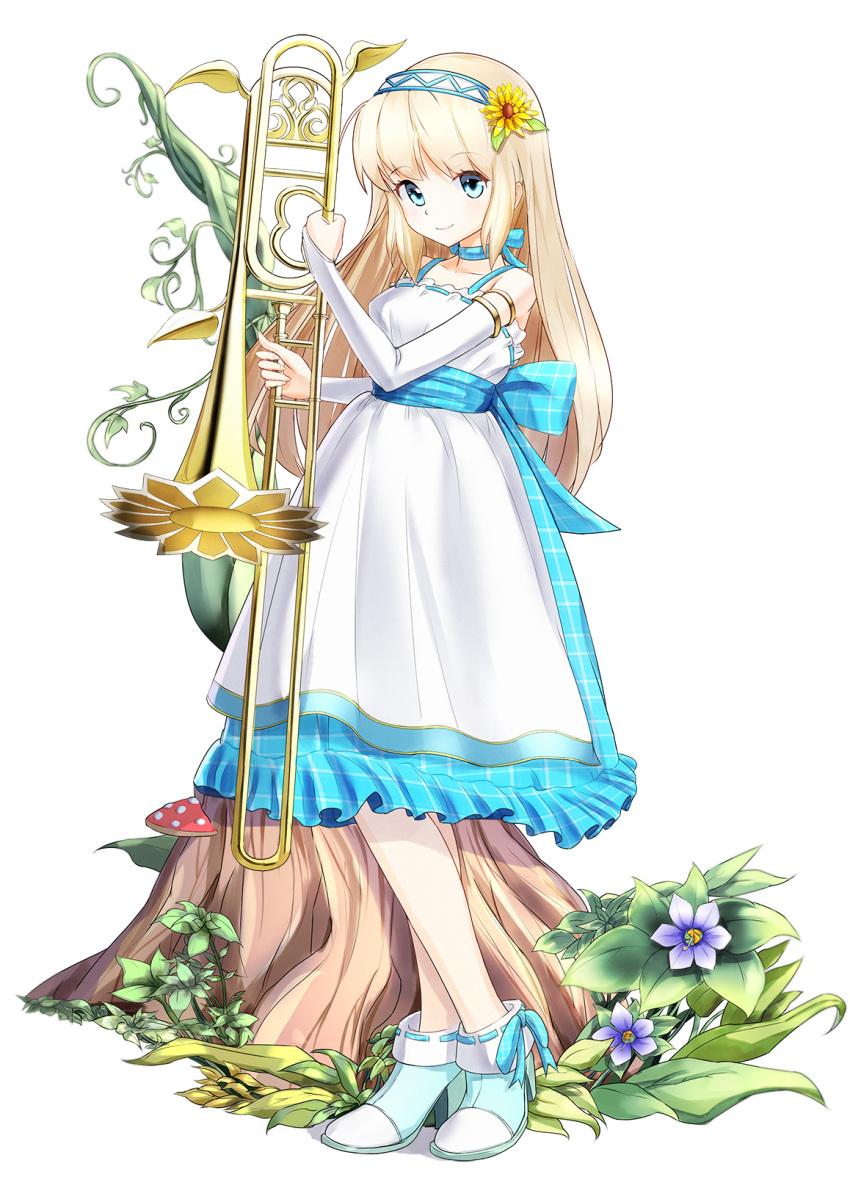 1girl, a-senmei, armlet, blonde_hair, blue_dress, blue_eyes, blue_footwear, blue_hairband