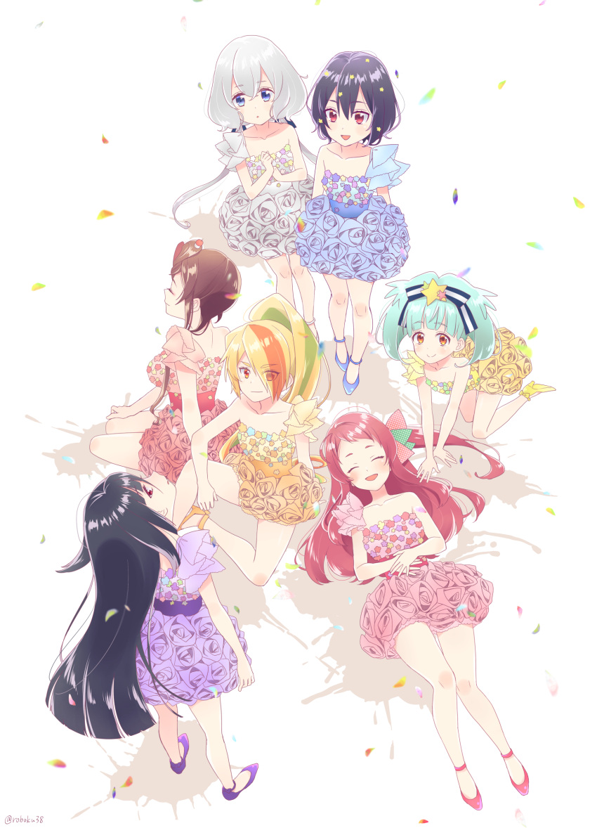 6+girls, :d, ^_^, absurdres, aqua_hair, black_hair, blonde_hair, blue_eyes