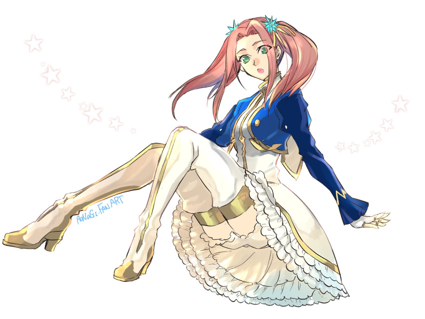 1girl, aonagi_(a-lot-of), artist_name, blue_jacket, boots, dress, eleanor_hume, eyebrows_visible_through_hair
