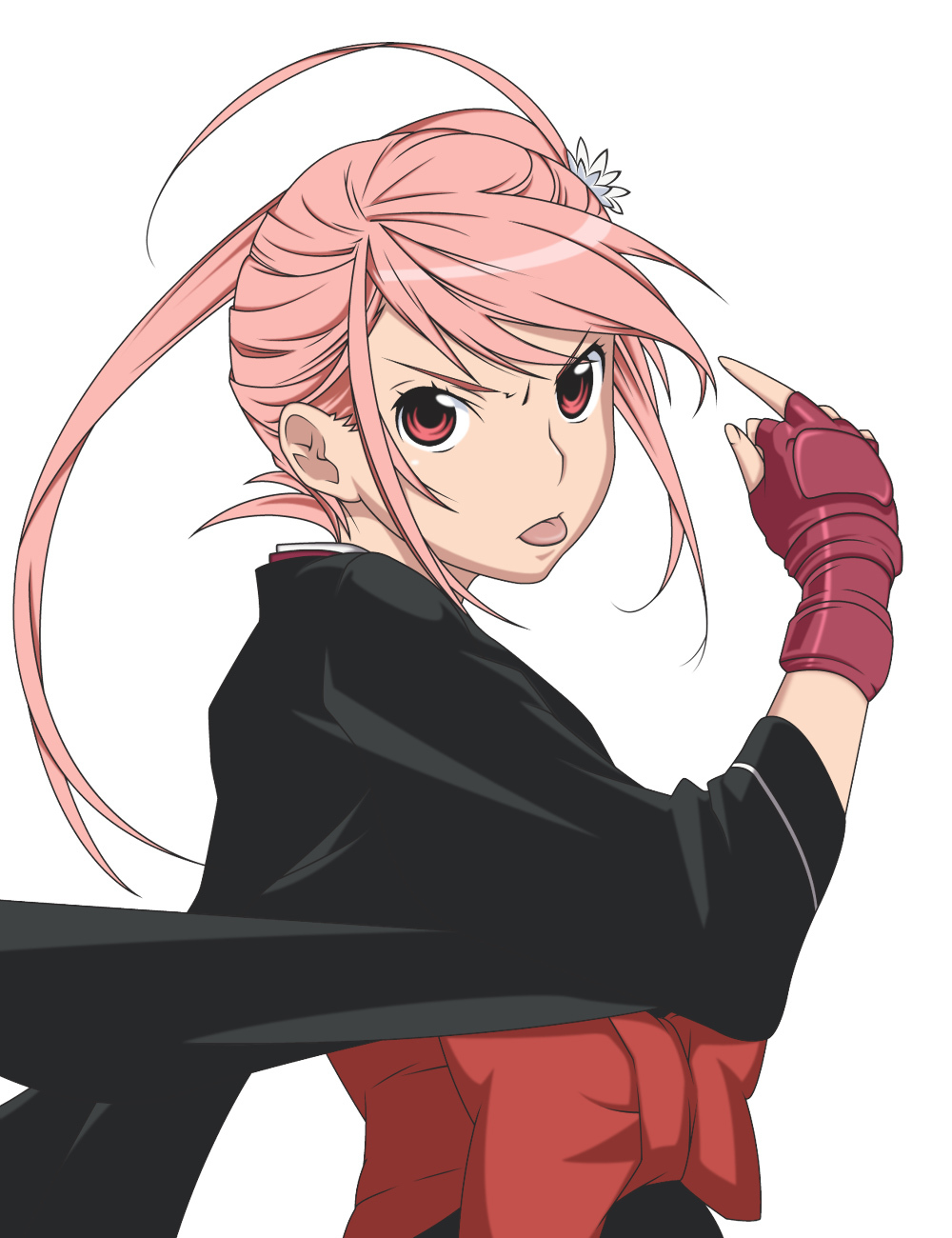 1girl, benitsubasa, black_kimono, bow, fingerless_gloves, from_side, gloves, highres