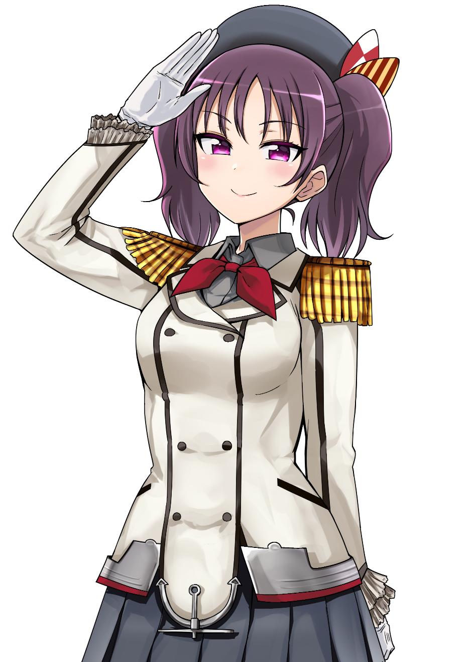 1girl, aiai_(okiraku_rough_nisshi), black_skirt, buttons, commentary_request, cosplay, cowboy_shot, epaulettes
