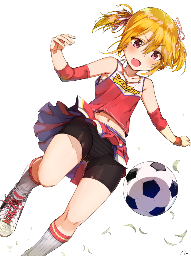 1girl, ball, bangs, bare_shoulders, bike_shorts, black_shorts, blush, breasts, brown_eyes, compression_sleeve, hair_between_eyes, hair_ribbon, idolmaster, idolmaster_cinderella_girls, long_hair, navel, open_mouth, orange_hair, red_skirt, red_tank_top, ribbon, shoes, shorts, shorts_under_skirt, sidelocks, simple_background, skirt, sneakers, soccer_ball, solo, thighs, twintails, white_background, yanngoto, yuuki_haru