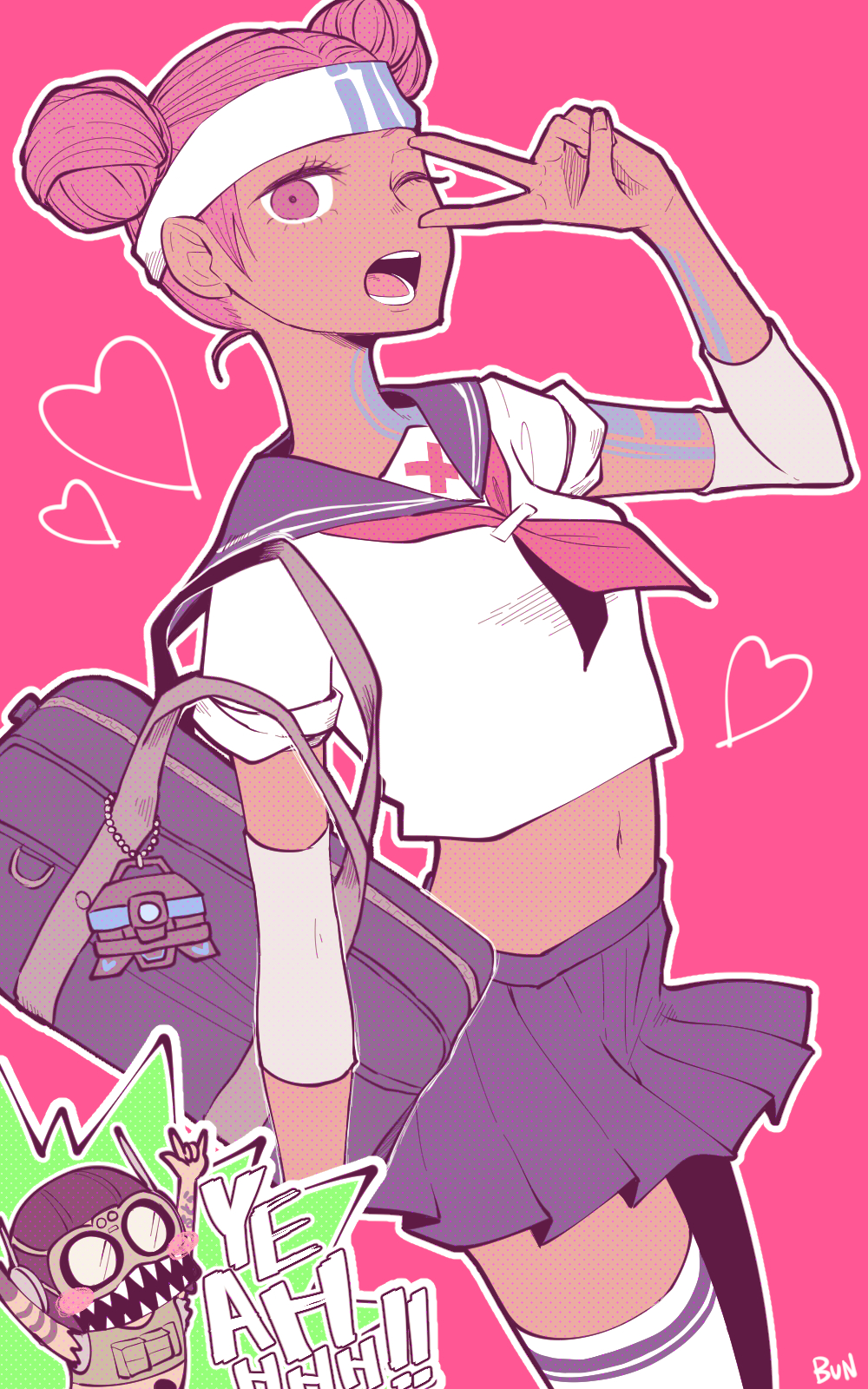 1boy, 1girl, ;d, apex_legends, arm_warmers, artist_name, bag, bangs