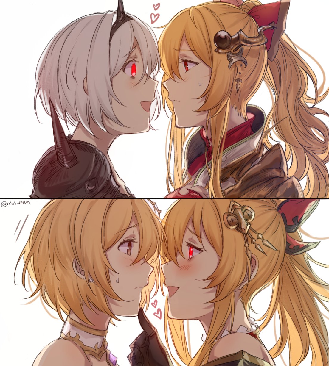 2girls, alternate_costume, alternate_eye_color, bare_shoulders, blonde_hair, blush, bow, brown_eyes