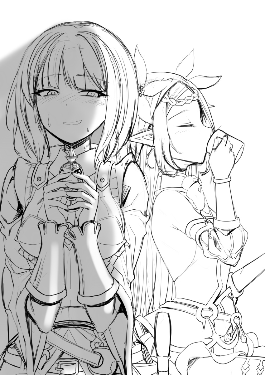 2girls, absurdres, alexa_(epic7), belt, blush, braid, closed_eyes, cup