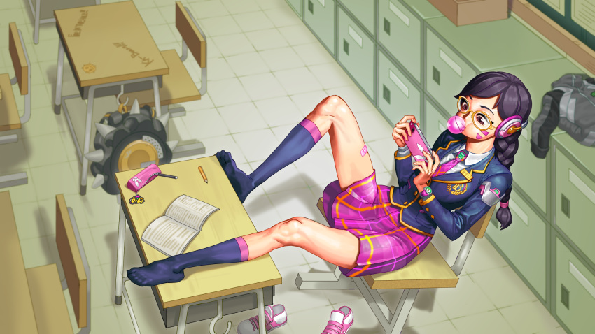 1girl, academy_d.va, alternate_costume, alternate_hair_color, alternate_hairstyle, bandaid_on_leg, bangs, bespectacled, black_hair, blazer, book, braid, brown_eyes, bubble_blowing, cellphone, chair, chewing_gum, classroom, d.va_(overwatch), full_body, glasses, headphones, highres, jacket, junkrat_(overwatch), leaning_back, long_legs, lyoung0j, name_tag, open_book, overwatch, pencil_case, phone, pink_neckwear, pink_skirt, plaid, plaid_skirt, playing_games, school_uniform, shoes_removed, sitting, skirt, smartphone, socks, solo, swept_bangs, twin_braids, whisker_markings, wireless
