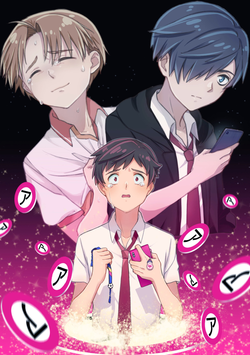 3boys, absurdres, azuma_sara, black_background, blue_eyes, blue_hair, brown_hair, cellphone, closed_eyes, crying, crying_with_eyes_open, gradient, gradient_background, hair_over_one_eye, highres, holding, holding_phone, jinnai_enta, kuji_toi, leno^a^, looking_at_viewer, male_focus, misanga, multiple_boys, necktie, phone, pink_background, red_eyes, red_neckwear, sarazanmai, shirt, short_sleeves, sign, simple_background, smartphone, tears, white_shirt, yasaka_kazuki