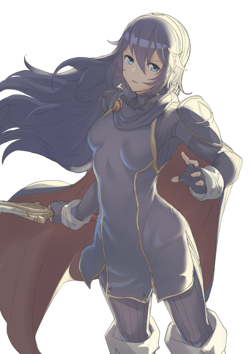 1girl, blue_eyes, blue_gloves, blue_hair, bodysuit, bodysuit_under_clothes, boots, breasts, cape, chuuhiji_elc, cowboy_shot, dress, falchion_(fire_emblem), fingerless_gloves, fire_emblem, fire_emblem:_kakusei, gloves, hair_between_eyes, hairband, highres, knee_boots, long_hair, long_sleeves, looking_at_viewer, lucina, medium_breasts, parted_lips, ribbed_bodysuit, short_dress, simple_background, solo, taut_clothes, turtleneck, white_background, wind