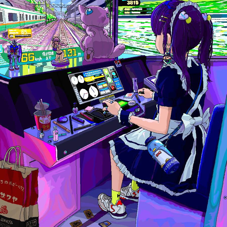 1girl, ace_akira, arcade, bag, bangs, card, commentary, crayon_shin-chan, densha_de_go!, doll, earrings, figure, from_behind, from_side, full_body, gundam, instant_ramen, jewelry, long_hair, maid, maid_headdress, makeup, mew, nail_polish_bottle, nohara_shinnosuke, original, pixel_art, playing_games, pokemon, purple_hair, ring, shoes, shopping_bag, sitting, sneakers, solo, super_sonico, tuxedo_sam, twintails, yuu-gi-ou