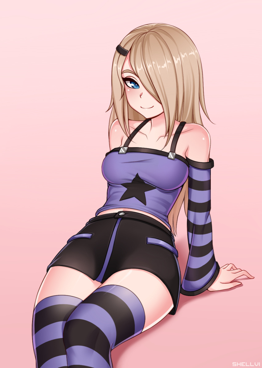1girl, arm_support, artist_name, bare_shoulders, black_skirt, blonde_hair, blue_eyes, borrowed_character