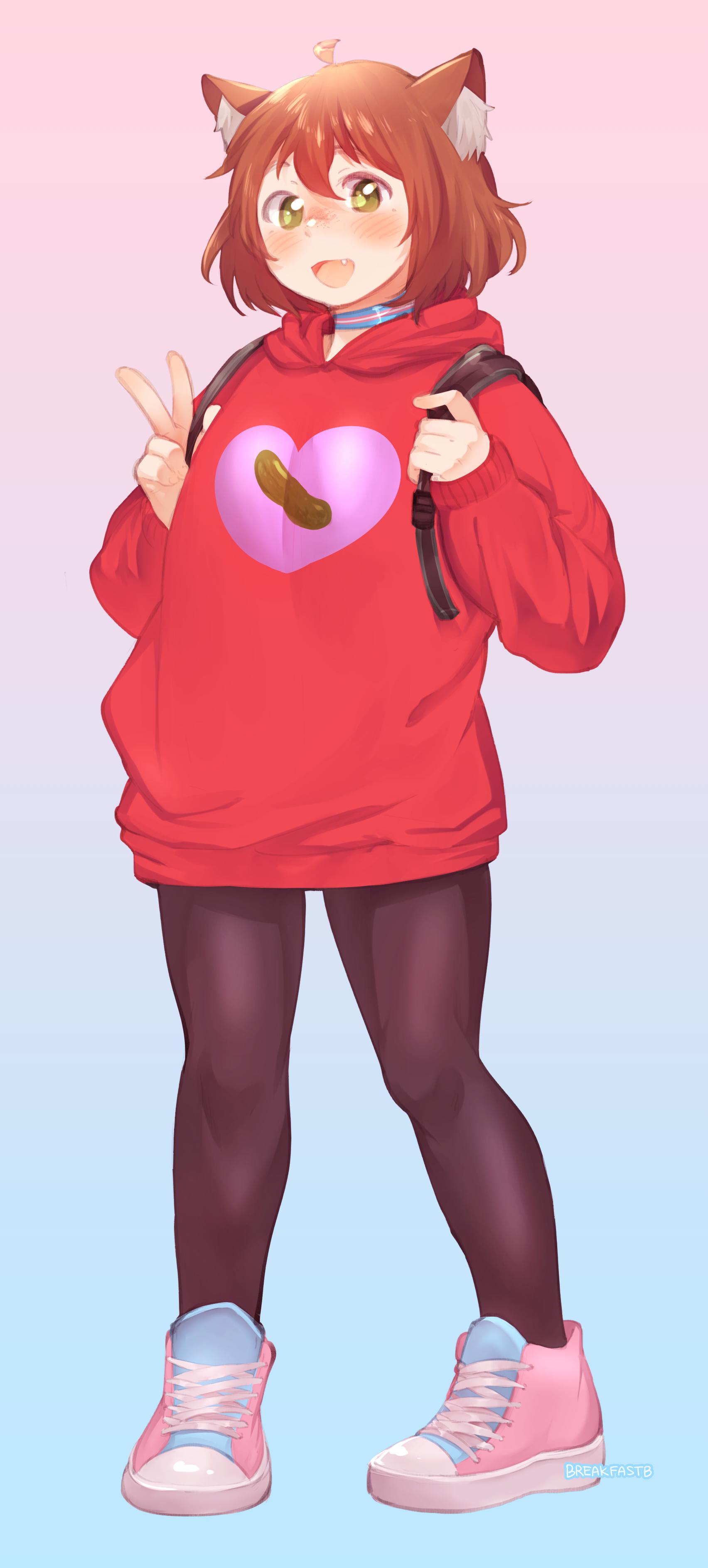 1girl, absurdres, animal_ears, backpack, bag, breakfastb, breasts, brown_hair