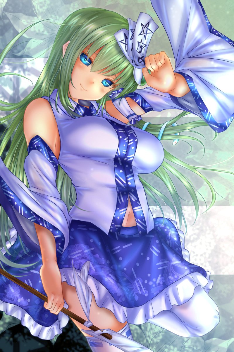 1girl, bare_shoulders, blue_eyes, blush, breasts, flower, frills, frog_hair_ornament
