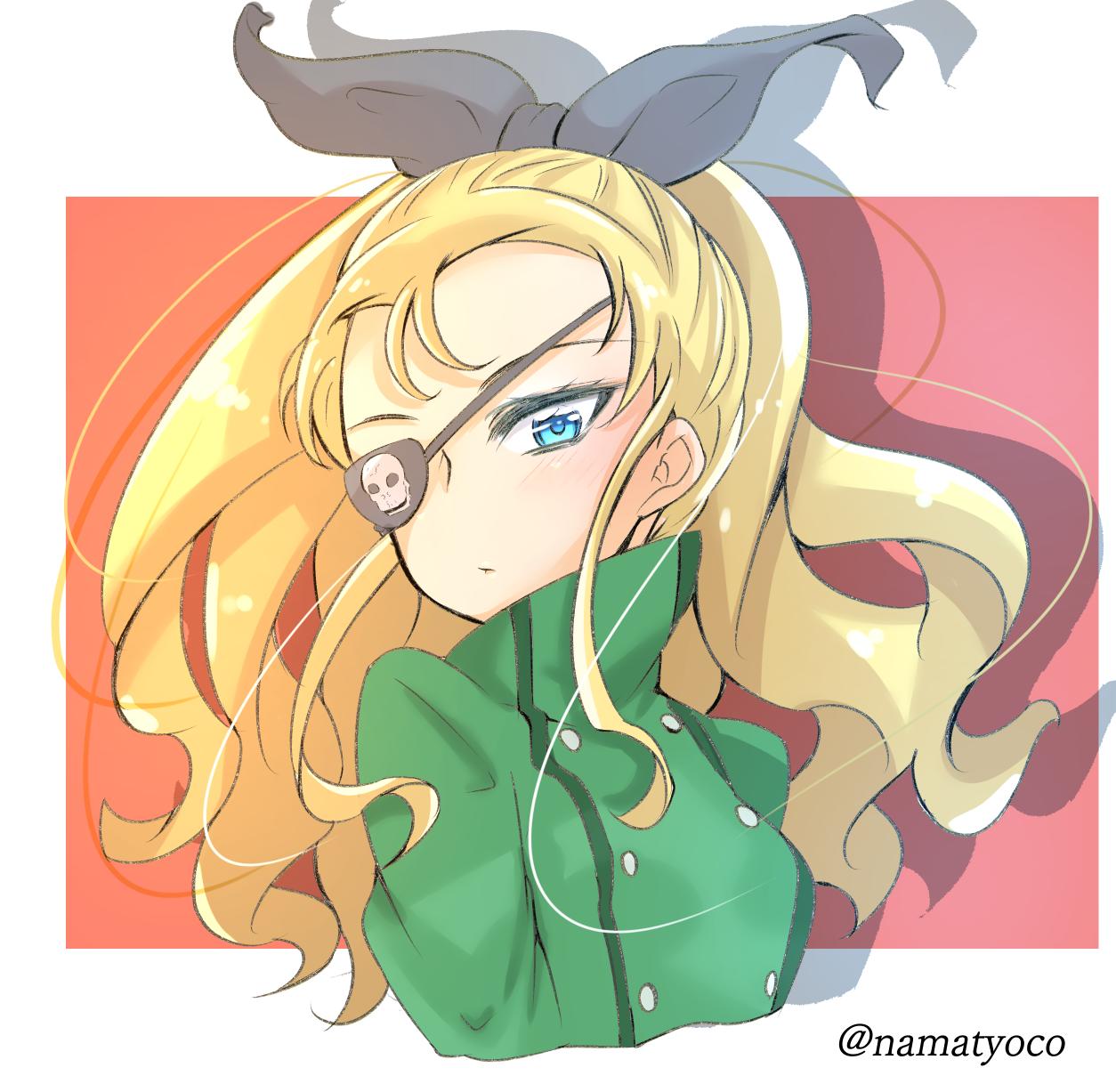 1girl, akesaka_satomi, assam, black_ribbon, blonde_hair, blue_eyes, chrome_dokuro, chrome_dokuro_(cosplay)