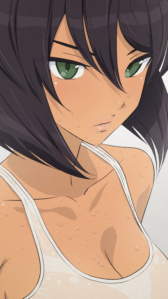 1girl, akagi_(fmttps), bangs, breasts, brown_hair, cleavage, collarbone, commentary