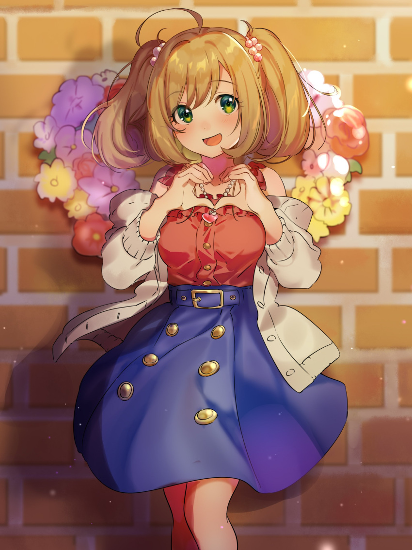 1girl, :d, absurdres, ahoge, bangs, beige_cardigan, belt, blonde_hair, blouse, blue_skirt, blush, breasts, brick_wall, buttons, cardigan, commentary, dot_nose, flower_wreath, green_eyes, hair_bobbles, hair_ornament, heart, heart-shaped_wreath, heart_hands, heart_pendant, highres, idolmaster, idolmaster_cinderella_girls, idolmaster_cinderella_girls_starlight_stage, jewelry, medium_breasts, medium_skirt, nana_(nana_yume87), necklace, off_shoulder, open_cardigan, open_clothes, open_mouth, outdoors, pearl_necklace, red_blouse, satou_shin, skirt, smile, solo, standing, twintails, wreath