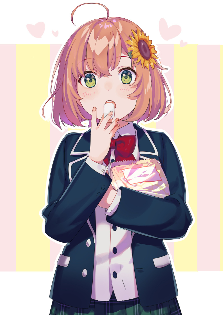 1girl, abstract_background, absurdres, ahoge, bag, bangs, blazer, blue_jacket, blush, bow, bowtie, brown_hair, buttons, collared_shirt, commentary, eating, eyebrows_visible_through_hair, fingernails, flower, food, green_eyes, green_skirt, hair_flower, hair_ornament, hairclip, heart, highres, holding, holding_bag, holding_food, honma_himawari, jacket, long_sleeves, looking_at_viewer, marshmallow, medium_hair, nana_(nana_yume87), nijisanji, open_blazer, open_clothes, open_jacket, open_mouth, pink_background, plaid, plaid_skirt, pleated_skirt, red_neckwear, school_uniform, shirt, skirt, snack, solo, striped, striped_background, symbol_commentary, upper_body, white_shirt, yellow_background