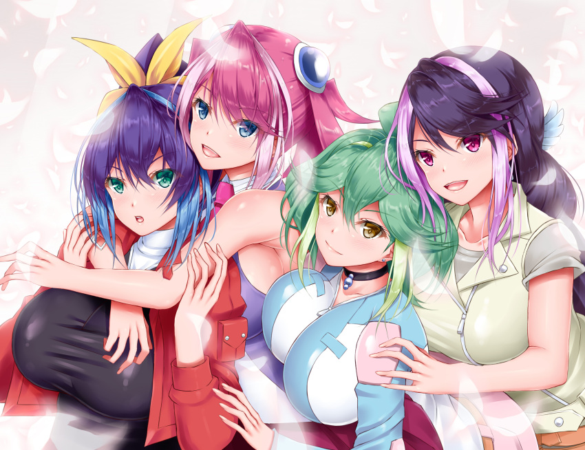 4girls, blue_eyes, bracelet_girls, breasts, green_eyes, green_hair, highres, hiiragi_yuzu