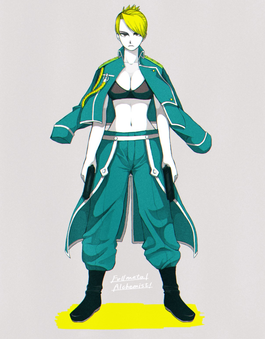 1girl, amestris_military_uniform, arms_at_sides, black_bra, black_footwear, blonde_hair, boots, bra