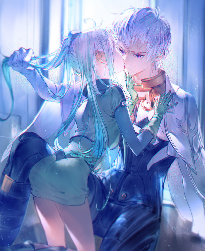 1boy, 1girl, absurdres, albedo_piazzolla, blue_hair, bomssp, cape, cheek_kiss