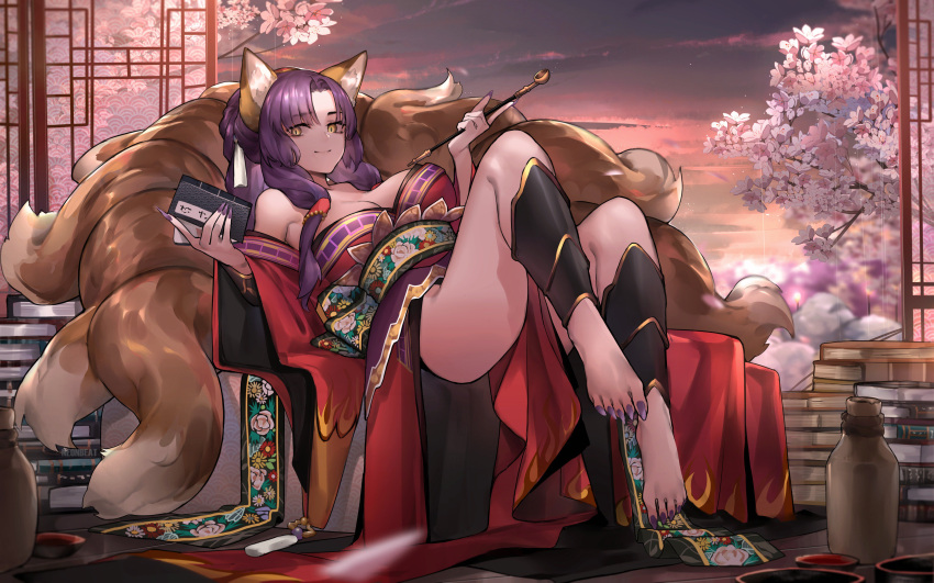 1girl, absurdres, animal_ear_fluff, animal_ears, artist_name, bare_shoulders, book_stack, breasts