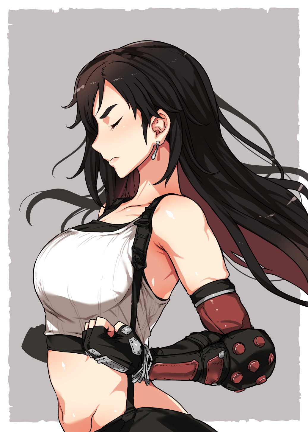 1girl, black_hair, black_undershirt, blush, breasts, closed_eyes, denki_shougun, earrings, final_fantasy, final_fantasy_vii, final_fantasy_vii_remake, fingerless_gloves, from_side, gloves, grey_background, highres, jewelry, large_breasts, long_hair, navel, portrait, simple_background, sleeveless, solo, suspenders, tank_top, tifa_lockhart, upper_body