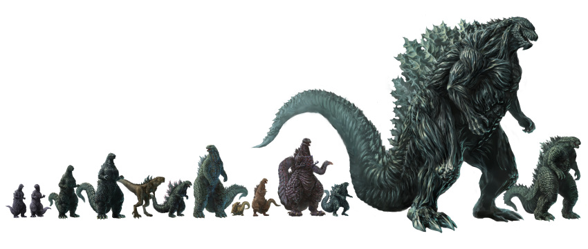 absurdres, claws, commentary, fangs, godzilla, godzilla:_city_on_the_edge_of_battle, godzilla:_king_of_the_monsters, godzilla:_planet_of_the_monsters, godzilla:_the_planet_eater, godzilla_(2014), godzilla_(series), godzilla_earth, highres, incredibly_absurdres, kaijuu, monster, no_humans, open_mouth, scales, science_fiction, sharp_teeth, shin_godzilla, size_comparison, size_difference, spikes, tagme, tail, teeth, tokusatsu, traditional_media, translation_request, ultra-taf, zilla