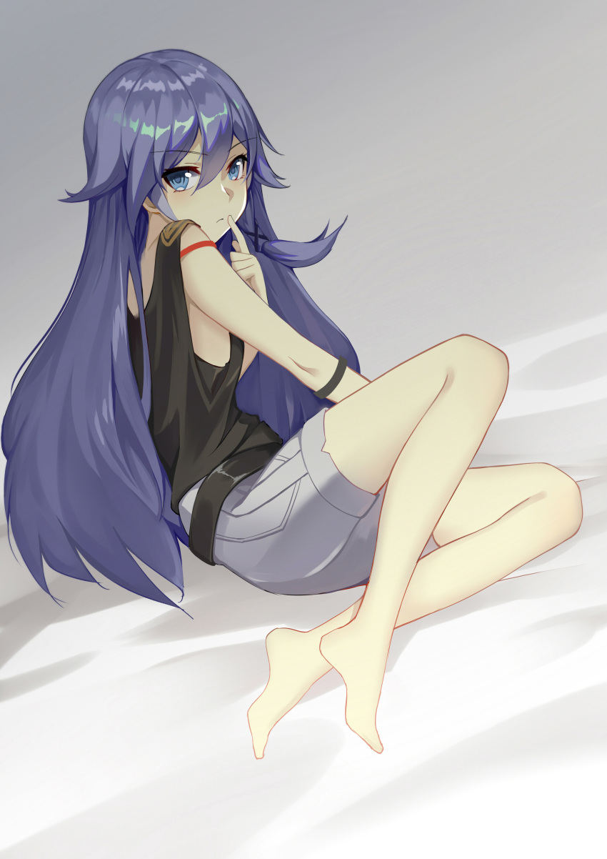 1girl, absurdres, barefoot, bed_sheet, black_shirt, blue_eyes, blue_hair, bra_strap