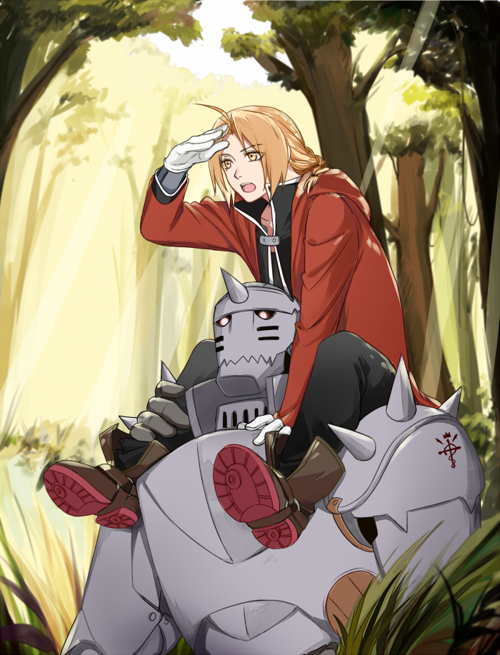2boys, ahoge, alphonse_elric, black_pants, black_shirt, blonde_hair, boots, braided_ponytail